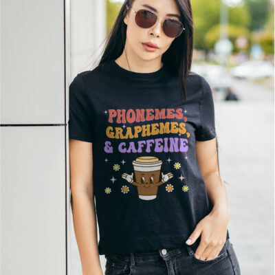 Alternative view of Phonemes Graphemes And Caffein Floral Funny Teacher Coffee Lover T-Shirt - V-Neck Shirt