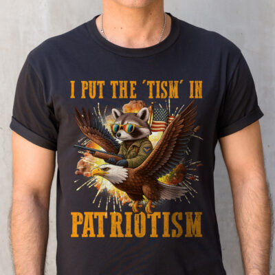 Alternative view of I Put The Tism In Patriotism Funny Raccoon Riding Eagle Vintage Retro T-Shirt