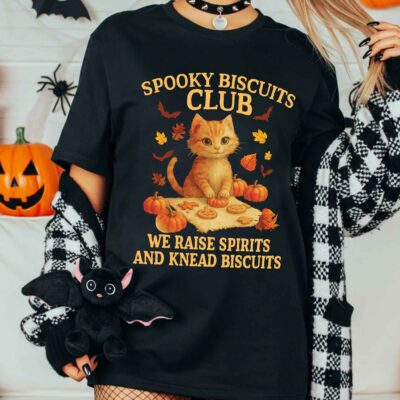 Spooky Biscuits Club We Raise Spirits And Knead Biscuits Funny Cat Baking Halloween T-Shirt - V-Neck Shirt