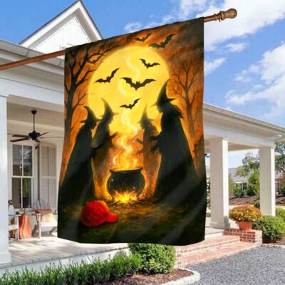 Alternative view of Witches Brewing Cauldron Funny Trump Anti Felon Spooky Halloween Outdoor House Flag - Home Garden Flag