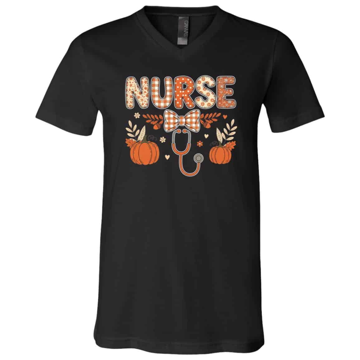 Nurse Life Stethoscope Retro Pumpkin Fall Autumn Funny T-Shirt, Black, V-Neck T-Shirt