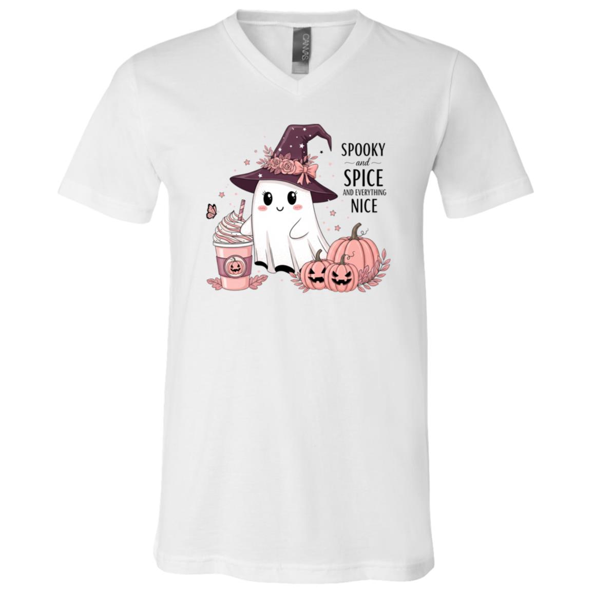 Spooky and Spice and Everything Nice Boo Pumpkin Funny Halloween Pink T-Shirt, White, V-Neck T-Shirt