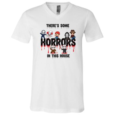 There Is Some Horror In This House Halloween Character T-Shirt - V-Neck Shirt, White, V-Neck T-Shirt