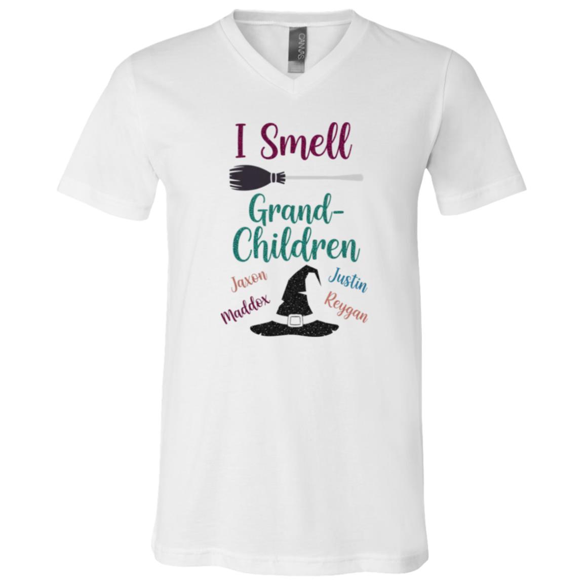 Personalized I Smell Grand-Children T-Shirt - V-Neck Shirt, White, V-Neck T-Shirt