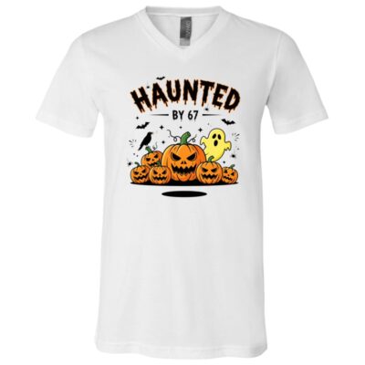 Haunted by 67 – Funny Ghost and Pumpkin Halloween T-Shirt, White, V-Neck T-Shirt