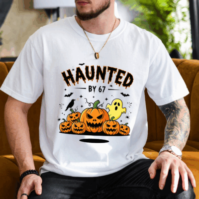 Alternative view of Haunted by 67 – Funny Ghost and Pumpkin Halloween T-Shirt