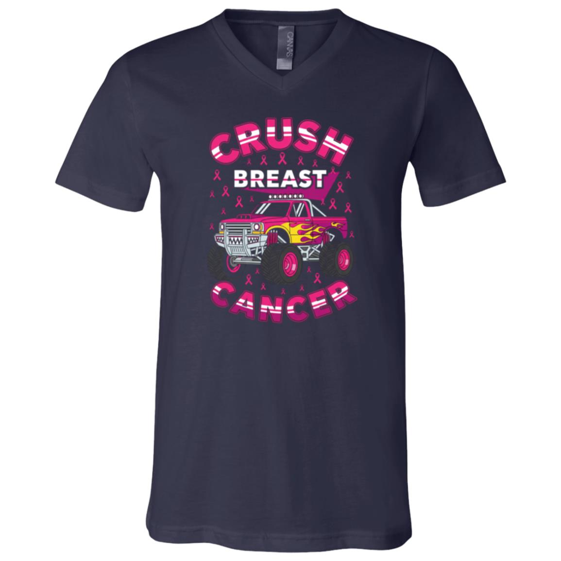 Crush Breast Cancer Monster Truck Girls Boys Pink Awareness T-Shirt, Navy, V-Neck T-Shirt