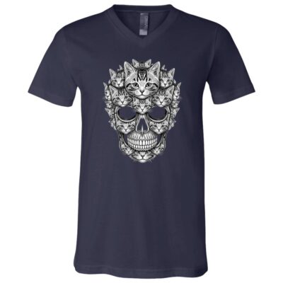 A Skull But It's Cats Kitty Skeleton Halloween Cat Skull T-Shirt, Navy, V-Neck T-Shirt