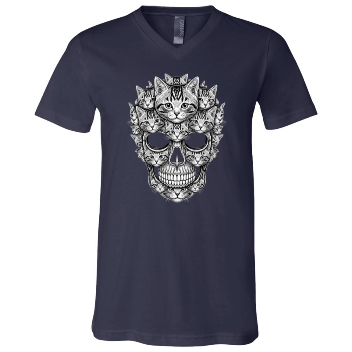A Skull But It's Cats Kitty Skeleton Halloween Cat Skull T-Shirt, Navy, V-Neck T-Shirt