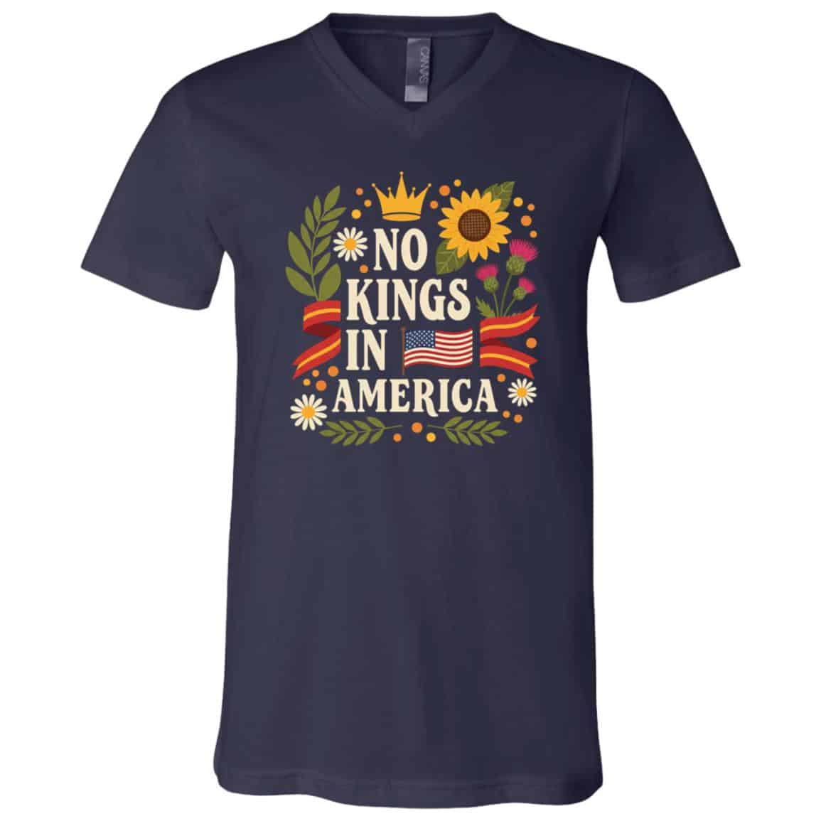 No King in America Floral 4th July No Kings American T-Shirt - V-Neck Shirt, Navy, V-Neck T-Shirt