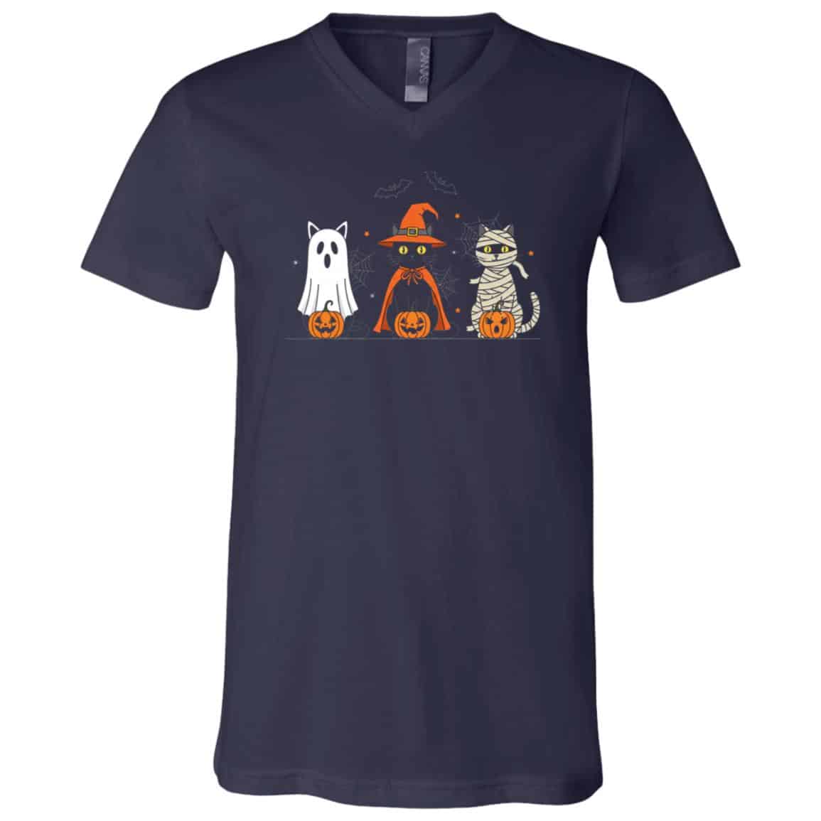 Retro Black Cat Witch Pumpkin Women Men Kids Scary Halloween T-Shirt, Navy, V-Neck T-Shirt
