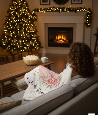 Alternative view of Personalized Watercolor Pink Heart Blanket Velveteen Plush Throw Floral Valentine Gift