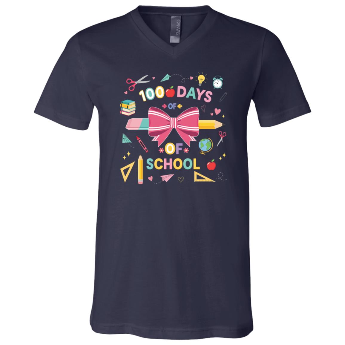100 Days of School Pencil Pink Coquette Bracelet T-Shirt - V-Neck shirt, Navy, V-Neck T-Shirt