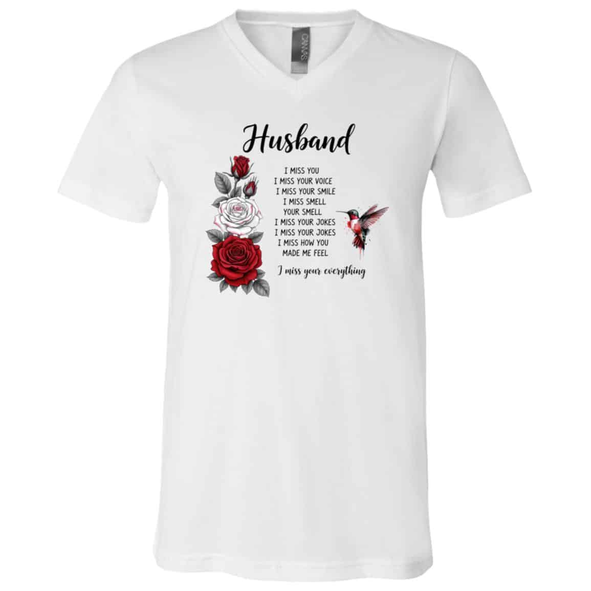 Husband I Miss You Roses Bird Memorial T-Shirt - V-Neck Shirt, White, V-Neck T-Shirt Husband I Miss You Roses Bird Memorial T-Shirt - V-Neck Shirt, White, V-Neck T-Shirt