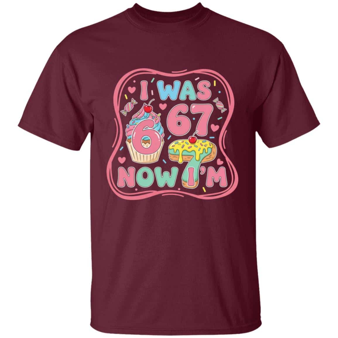 Six Seven Meme 7 Year Old Birthday T-Shirt - I Was 6 Now I'm 7 Shirt, Maroon, Youth T-Shirt
