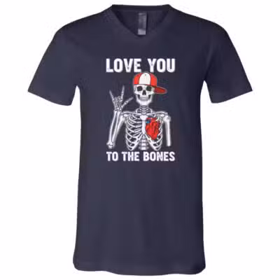Love You To The Bone Rocker Valentines Day Skeleton T-Shirt - V-Neck Shirt, Navy, V-Neck T-Shirt