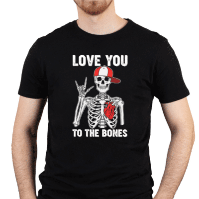 Alternative view of Love You To The Bones Rocker Valentines Day Skeleton T-Shirt - V-Neck Shirt