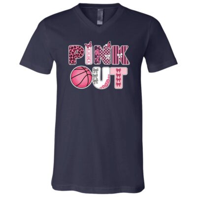 Pink Out Breast Cancer Awareness T-Shirt - Basketball Ribbon V-Neck Shirt, Navy, V-Neck T-Shirt