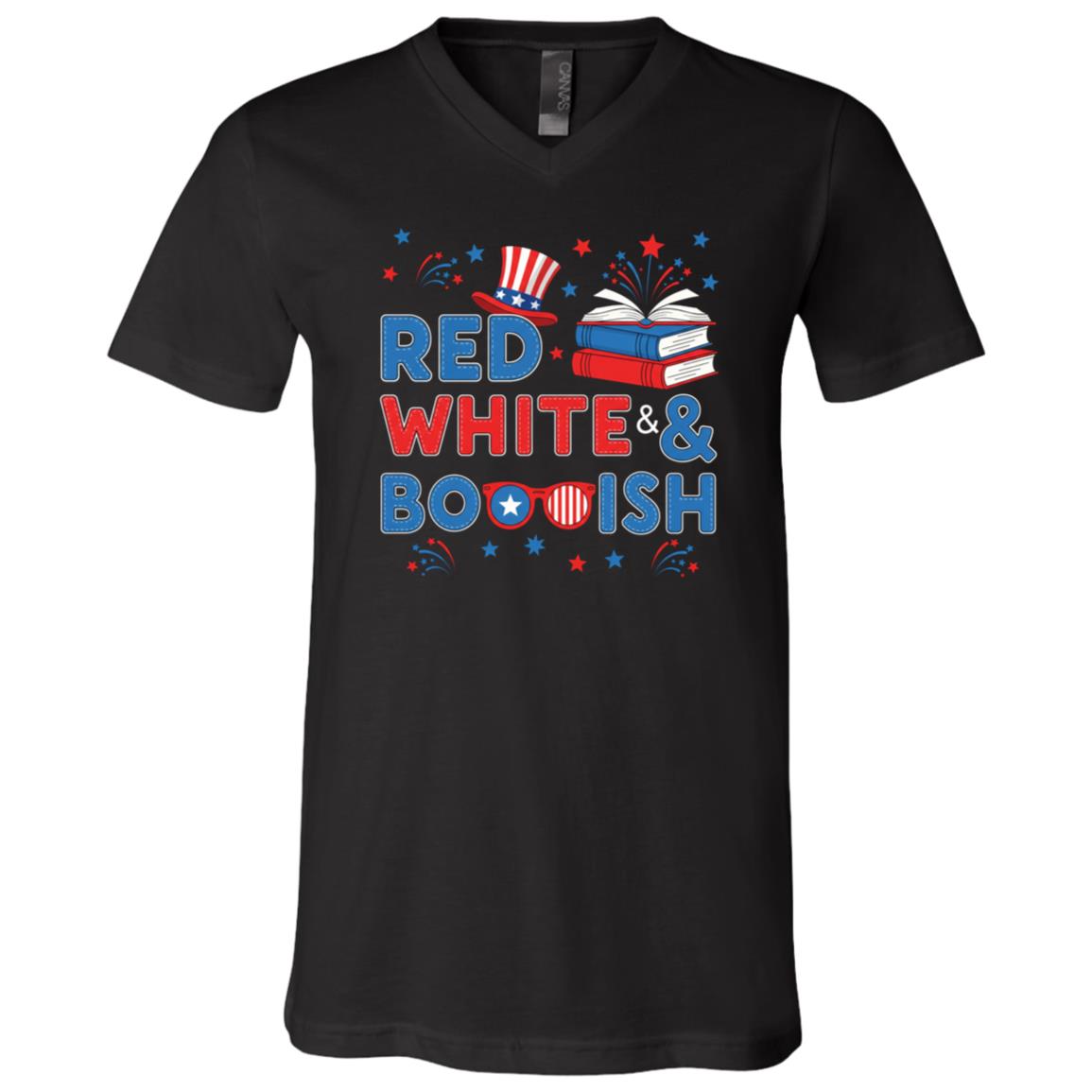 Red White & Bookish USA Flag Patriotic 4th Of July T-Shirt - V-Neck Shirt, Black, V-Neck T-Shirt