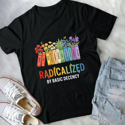 Alternative view of Book Flower Radicalized by Basic Decency Feminist LGBT T-Shirt - V-Neck Shirt