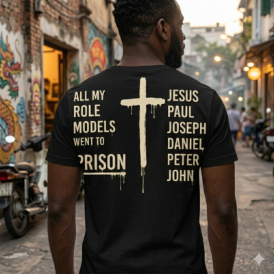 Alternative view of All my Role Models Went To Prison Jesus Print On Back T-Shirt - V-Neck Shirt