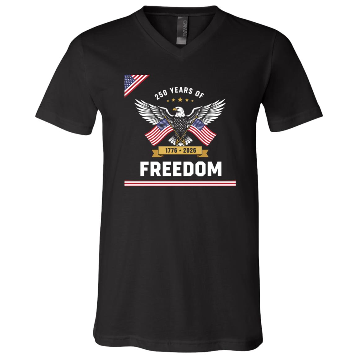 250 Years of Freedom Anniversary American Flag T-Shirt - V-Neck Shirt, Black, V-Neck T-Shirt