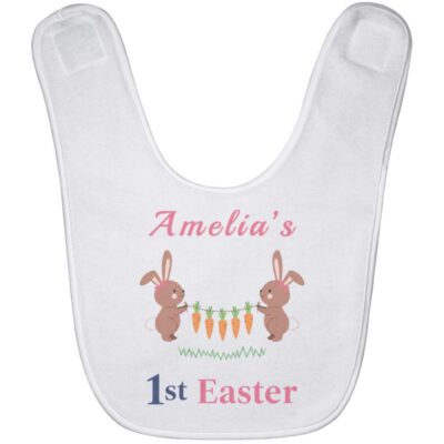Personalized Name 1st Easter Baby Bib - Custom Baby Name Easter Bunny Bib, White, Baby Bib