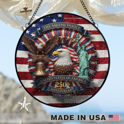 Personalized 250th Anniversary US 4th of July with Family Name Stained Glass Window Hanging – Round Stained Glass Panel