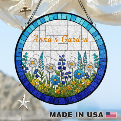Personalized Floral Glass Birth Flower Suncatcher Stained Glass Window Hanging – Round Stained Glass Panel