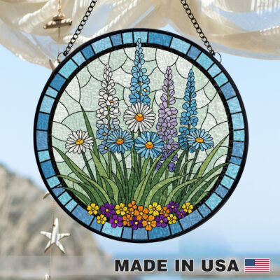 Garden Floral Glass Flower Suncatcher Stained Glass Window Hanging – Round Stained Glass Panel
