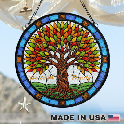 Custom Family Name Tree of Life Suncatcher Handmade Stained Glass Window Hanging – Round Stained Glass Panel