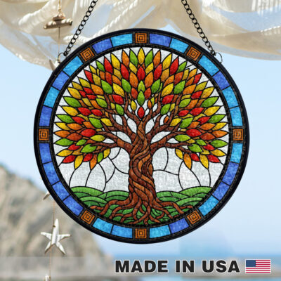 Tree of Life Suncatcher Handmade Stained Glass Window Hanging – Round Stained Glass Panel