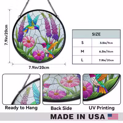 Alternative view of Hummingbird Flower Stained Glass Window Hanging – Round Stained Glass Panel -  Mother's Day Gift for Mom Grandma