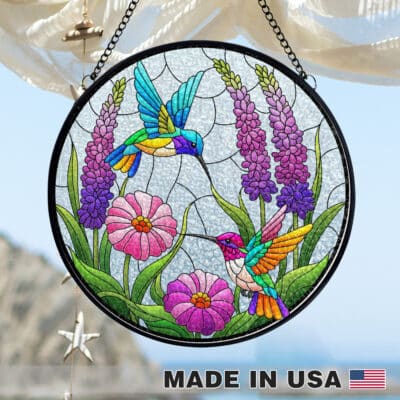 Hummingbird Flower Stained Glass Window Hanging – Round Stained Glass Panel -  Mother's Day Gift for Mom Grandma