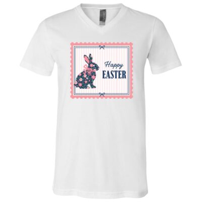 Happy Easter Funny Bunny Flower T-Shirt - V-Neck Shirt - Youth Shirt, White, V-Neck T-Shirt