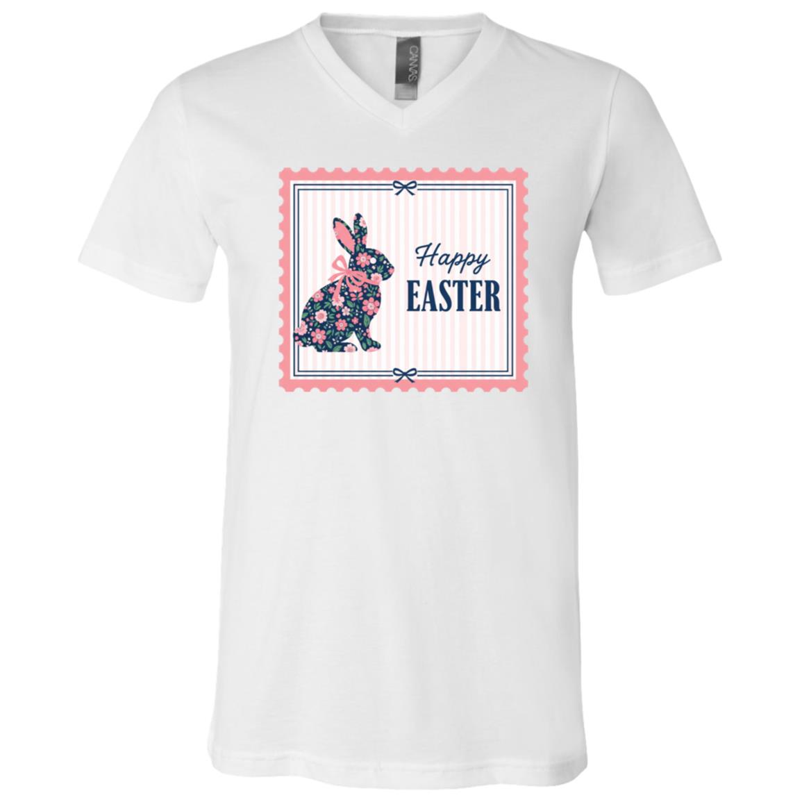 Happy Easter Funny Bunny Flower T-Shirt - V-Neck Shirt - Youth Shirt, White, V-Neck T-Shirt