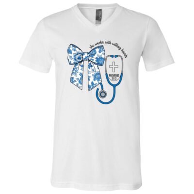 Nurse Ribbon She Works With Willing Hand T-Shirt - V-Neck Shirt, White, V-Neck T-Shirt