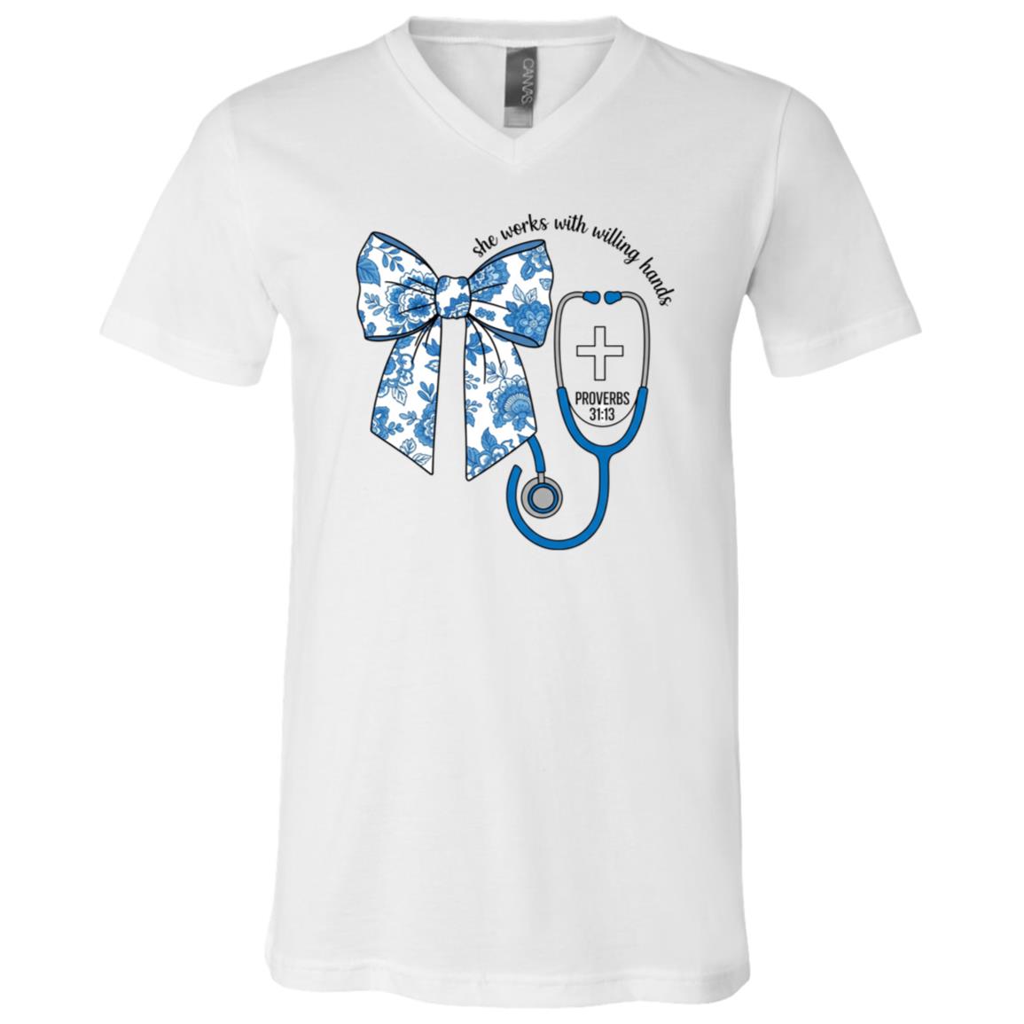 Nurse Ribbon She Works With Willing Hand T-Shirt - V-Neck Shirt, White, V-Neck T-Shirt