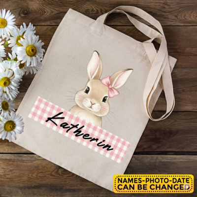 Alternative view of Personalized Name Easter Bunny Natural Canvas Tote Bag - Custom Kids Easter Egg Hunt Tote
