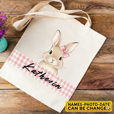 Personalized Name Easter Bunny Natural Canvas Tote Bag - Custom Kids Easter Egg Hunt Tote