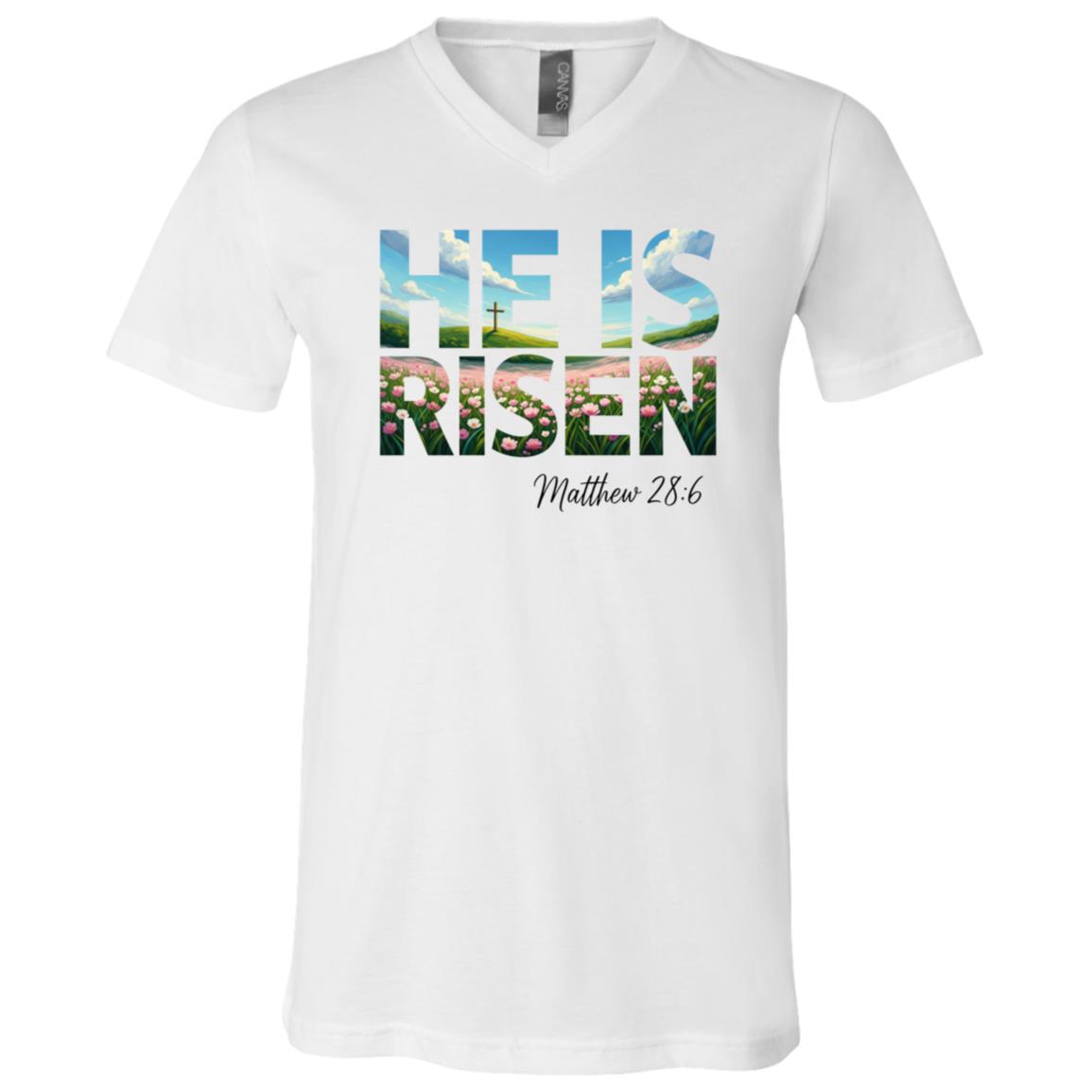 He Is Risen Matthew 28:6 Christian T-Shirt - V-Neck Shirt - Youth Shirt, White, V-Neck T-Shirt