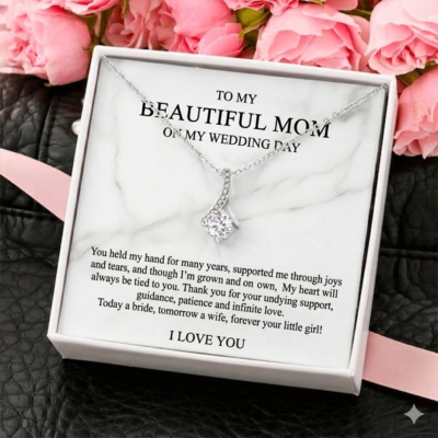 To My Beautiful Mom On Wedding Day Necklace Message Card - Mother of the Bride Gift from Daughter
