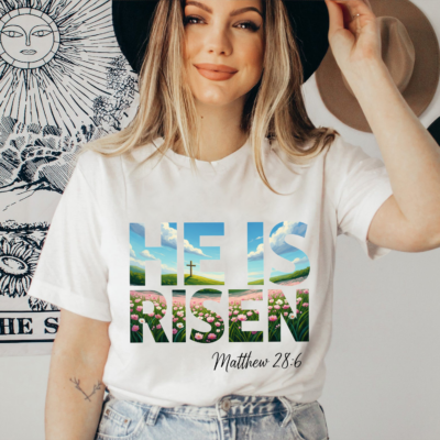 Alternative view of He Is Risen Matthew 28:6 Christian T-Shirt - Easter V-Neck Shirt - Youth Shirt