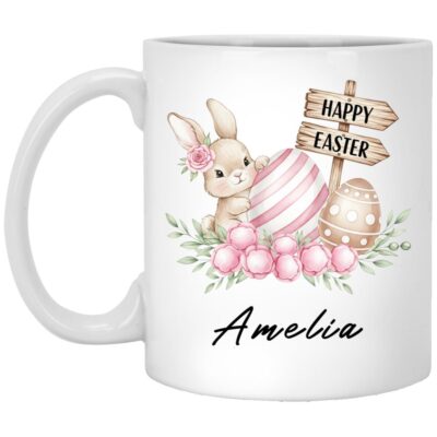 Personalized Name Easter Bunny Pastel Floral Mug – Beer Stein - Easter Gifts, White, 11 oz. White Mug