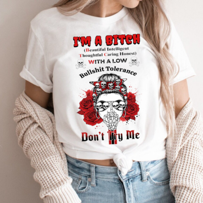 Alternative view of I'm A Btch With A Low Don't Try Me Skull Rose T-Shirt - V-Neck Shirt