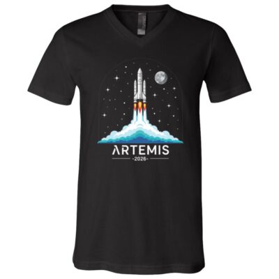 Artemis II T-Shirt - Launch to The Moon 2026 Youth Shirt - V-Neck Shirt, Black, V-Neck T-Shirt
