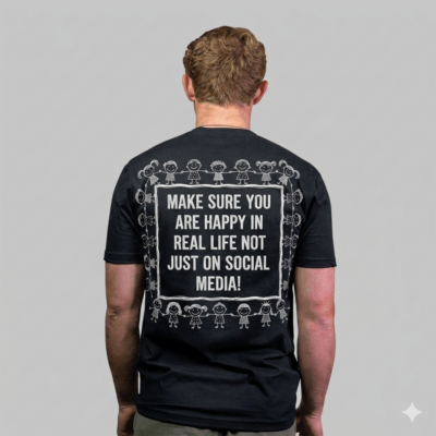 Alternative view of Make Sure You Are Happy In Real Life Print On Back T-Shirt - V-Neck Shirt