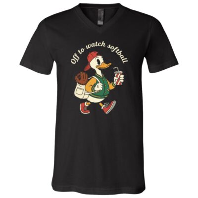 Off to Watch Softball Funny Duck Shirt, Cute Softball Fan Tee, Game Day Shirt, Softball Mom Gift, V-Neck Shirt, Black, V-Neck T-Shirt