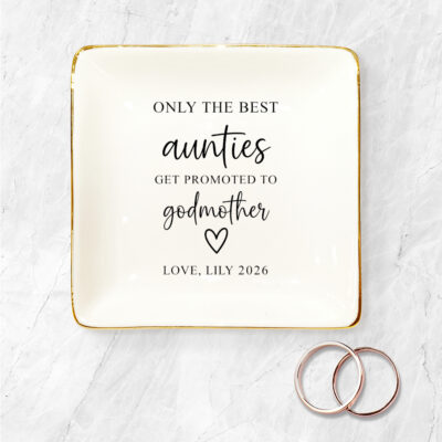 Personalized Godmother Gift Ring Dish, Auntie to Godmother Gift, Jewelry Tray Custom Name Date, Baptism Gift for Godmother, Keepsake Dish