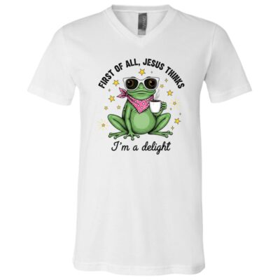 Funny Christian Frog Shirt, First of All Jesus Thinks I'm a Delight Tee, Cute Frog Coffee Shirt, Faith Based Gift, White, V-Neck T-Shirt